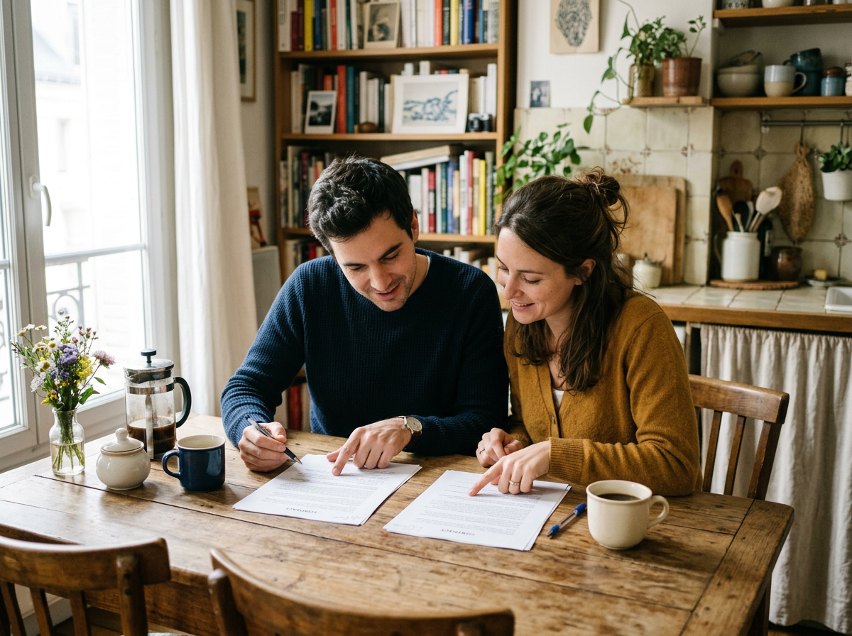 Illustration générée : un couple compare deux contrats imprimés sur une table de cuisine